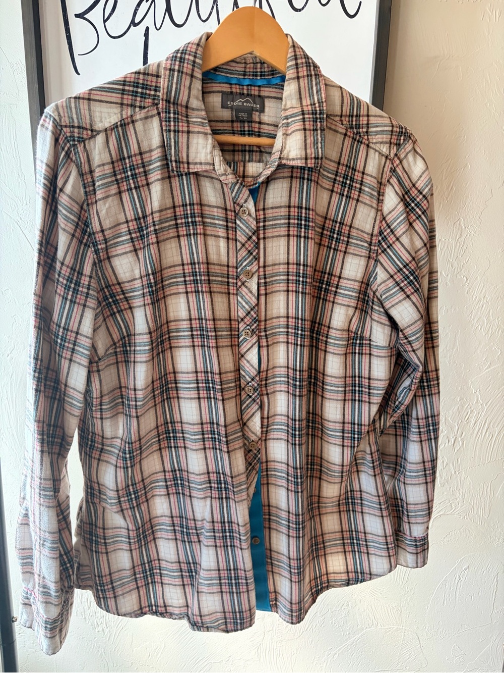 Eddie Bauer Women’s Plaid Button-Down Shirt in Beige, Black Pink/Teal Size Xl